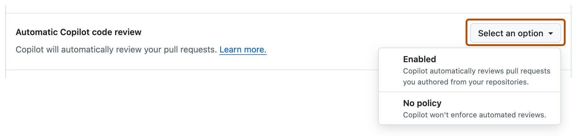 Screenshot of the "Automatic Copilot code review" setting with the dropdown menu displayed.