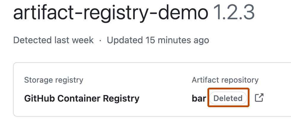 Screenshot of the artifact page. The "deleted" tag is highlighted in orange.