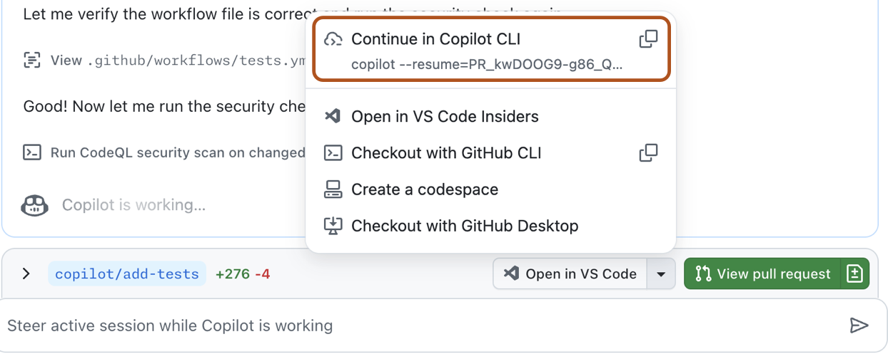 세션 작업 드롭다운 목록인 "Copilot CLI에서 계속"의 스크린샷은 진한 주황색 윤곽선으로 강조 표시됩니다.